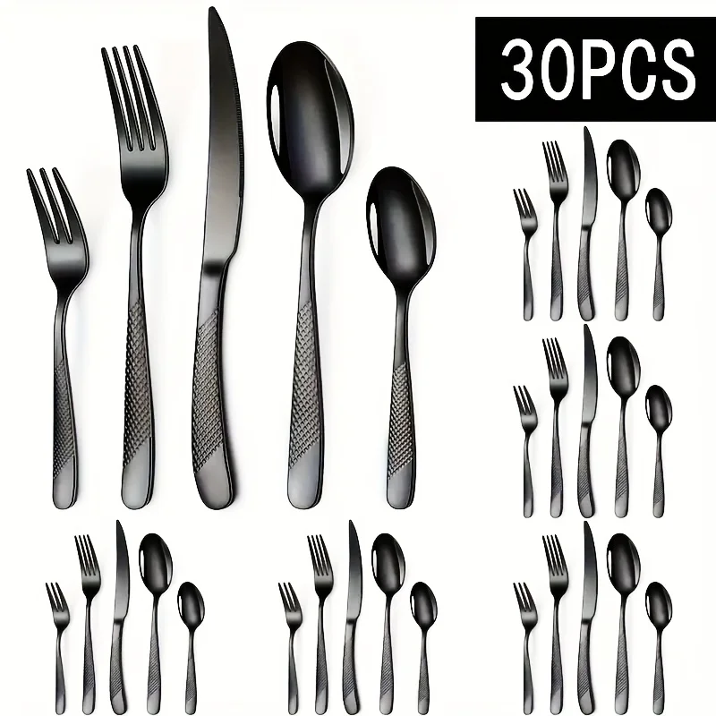 30-teiliges schwarzes Premium-Edelstahl-Besteckset, Stern-Diamant-Design, einschließlich Gabeln, Löffel, Messer, für 6 Personen, langlebig Image