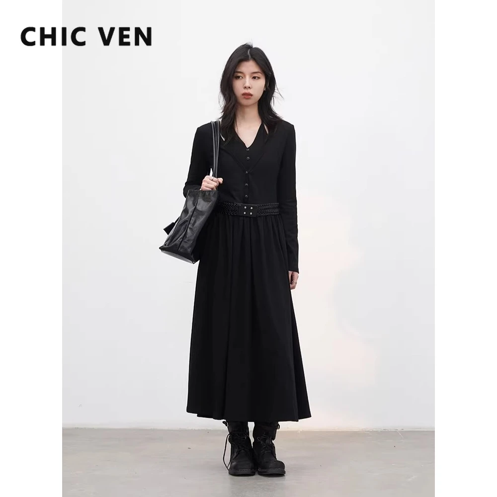 CHIC VEN Damen Lange Kleider Neuer V-Ausschnitt Schlankes Casual Langarm Schwarzes Damenkleid mit Gürtel Frühling Herbst 2026