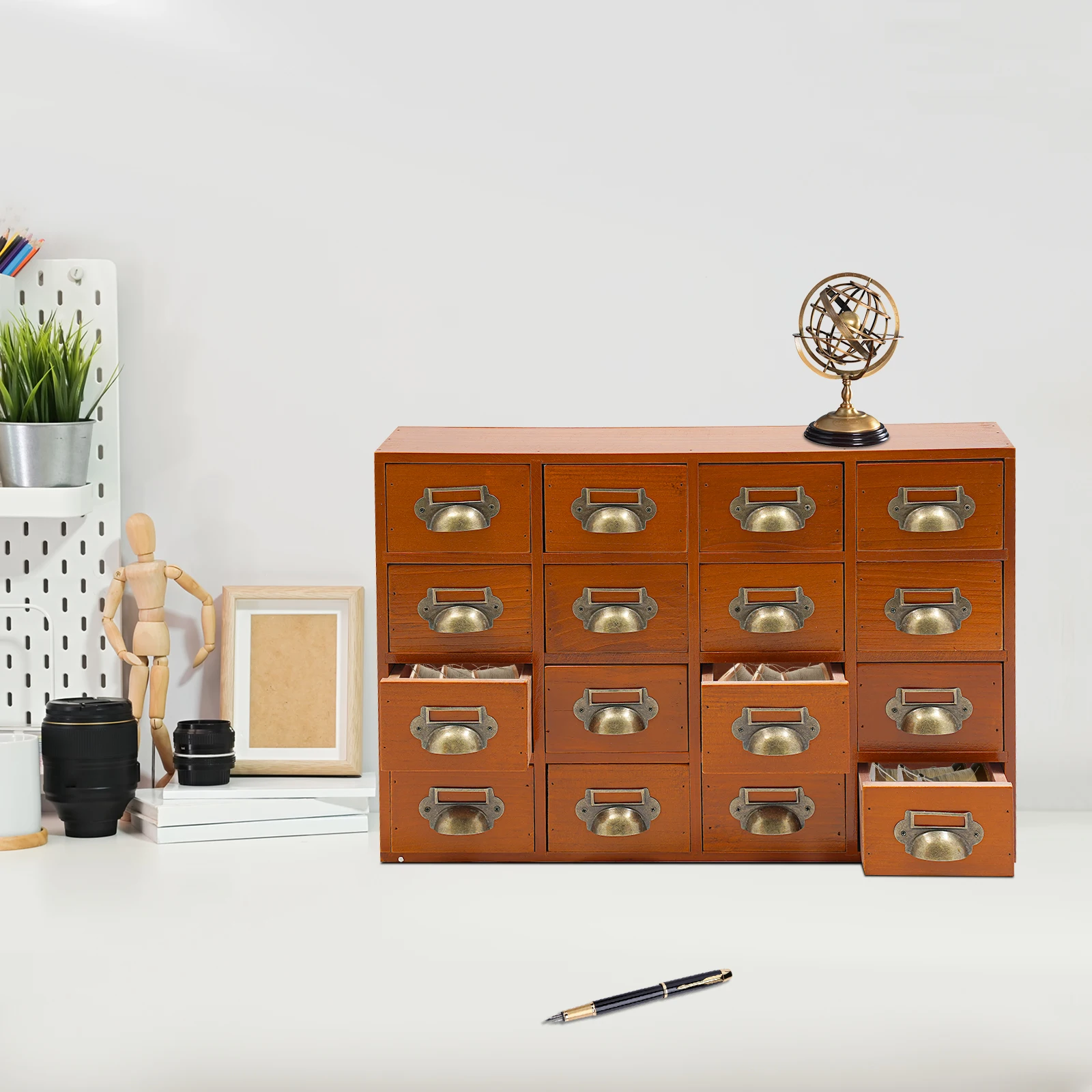 Holz-Schreibtisch-Organizer, 16-Schubladen Apothekerschrank mit Muschelgriffen, Desktop-Schubladenbox für Büro- und Heimorganisation