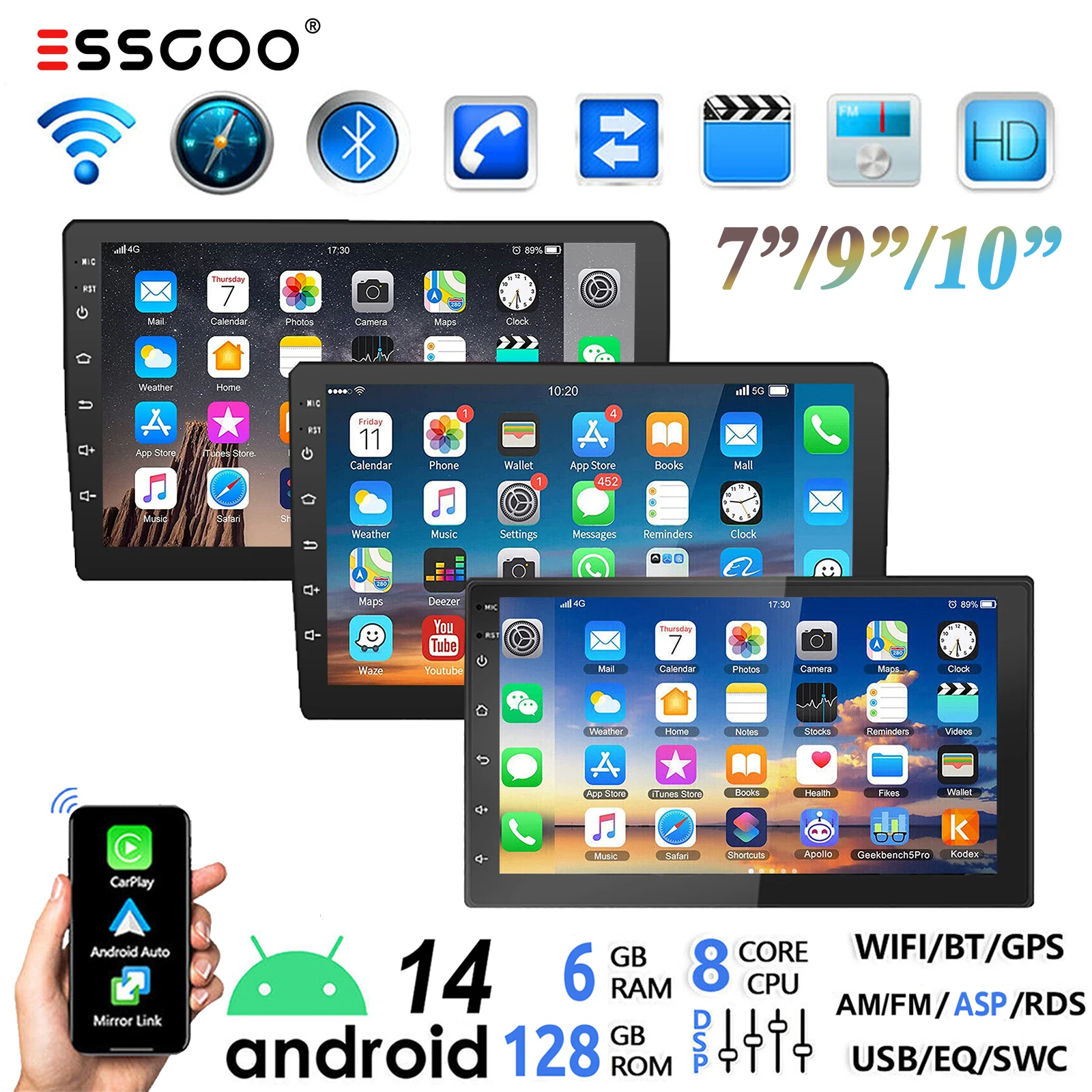 ESSGOO 7"/9"/10“ 2 DIN Android 14 8-Core 6+128G Autoradio Wireless Apple Carplay Android Auto GPS Navigation Bluetooth AM FM RDS WIFI QLED Touchscreen 4G LTE USB Mirror Link Equalizer Image