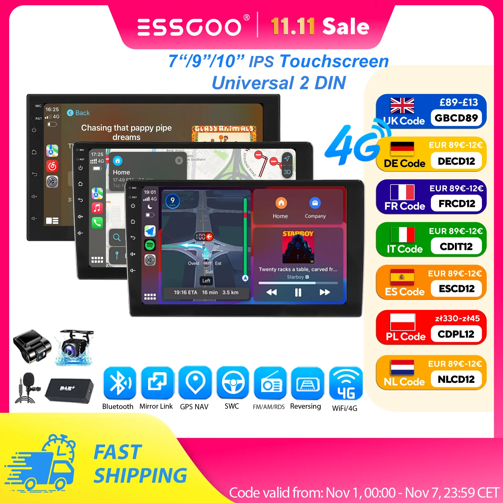 ESSGOO Autoradio 7"/9"/10" 2 DIN 8-Core Android14 6+128 GB Wireless CarPlay Android Auto GPS Navigation Bluetooth AM FM RDS WiFi QLED-Touchscreen 4G LTE Mirror Link Lenkradsteuerung Image