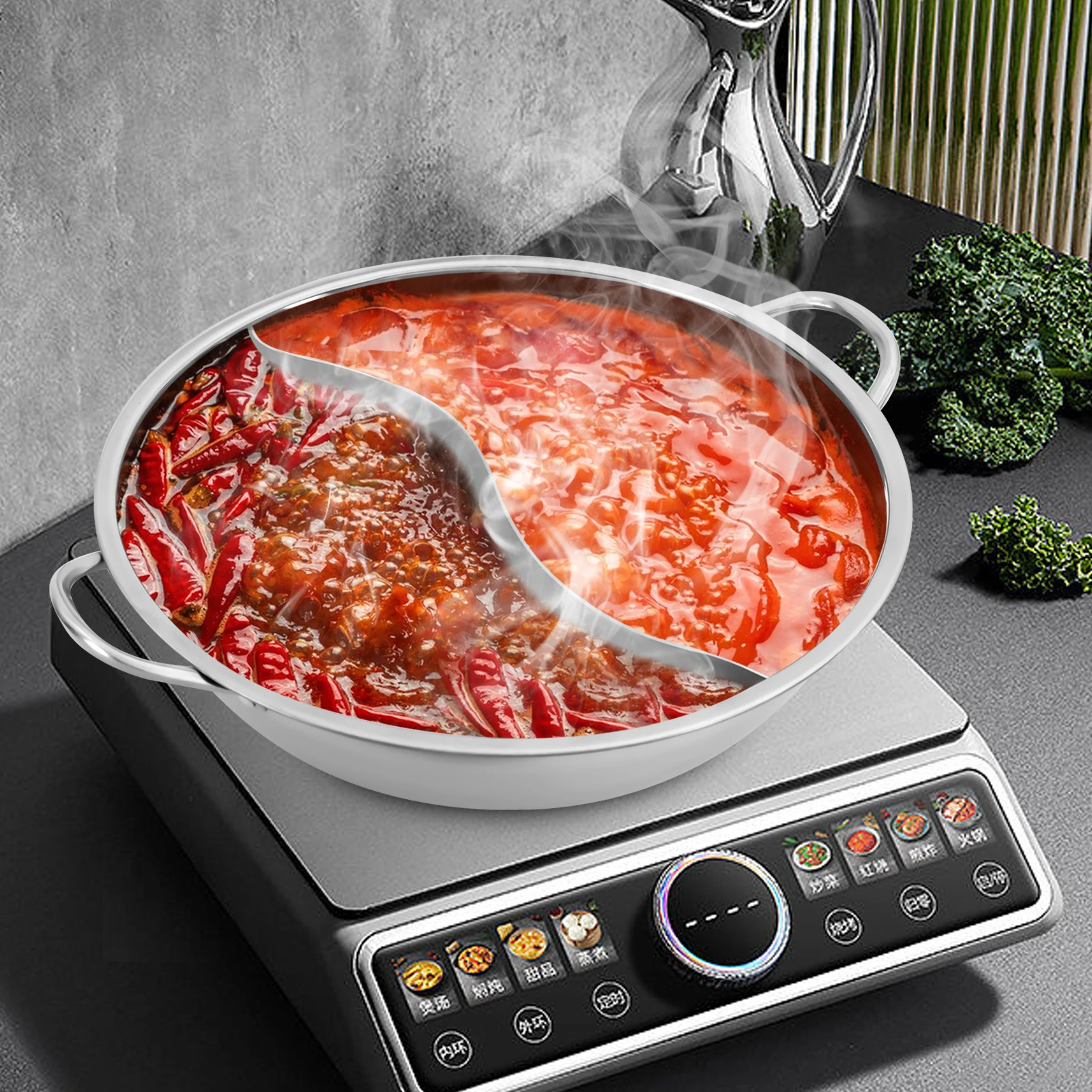 Runder Hot Pot aus Edelstahl, 34 x 8,5 cm, mit Trennwand, Mandarin-Enten-Topf mit Glasdeckel, zur Verwendung mit Induktionsöfen, Gasherde Image