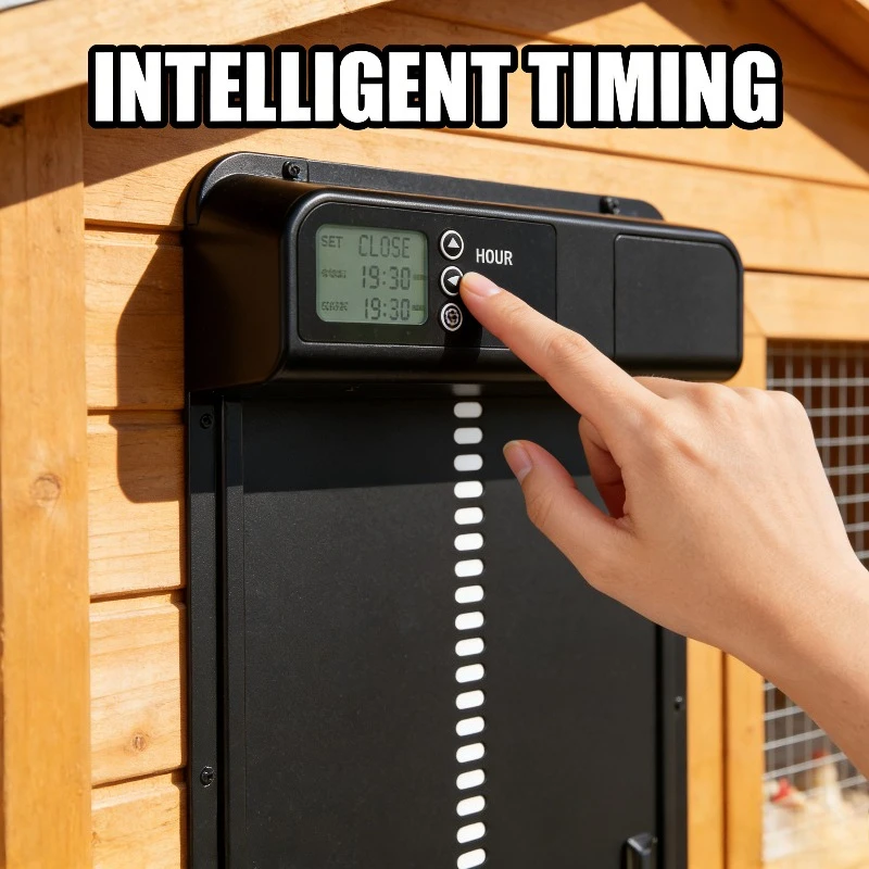 Automatische Hühnerstalltür, batteriebetrieben, elektrisches Metall, intelligentes Timing, automatisches Öffnen und Schließen der Coop-Tür, Bauernhof Image