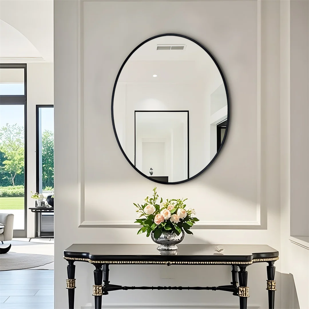 LUVODI Moderner schwarzer ovaler Wandspiegel, Hängespiegel mit Aluminiumrahmen für Wohnzimmer, Schlafzimmer, Badezimmer, Waschtisch, dekorativ
