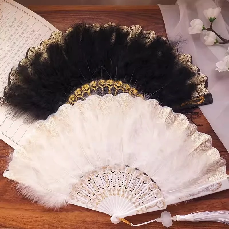 Vintage Feder-Spitzen-Faltfächer Klassischer Handfächer Chinesischer Japanischer Stil Tanz-Faltfächer Party-Heimdekoration Image