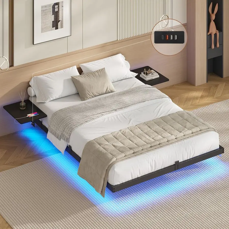 Bettgestell 140 x 200 cm mit LED-Beleuchtung und Ladestation, schwebendes Bettgestell mit Ablageflächen aus Metall Image