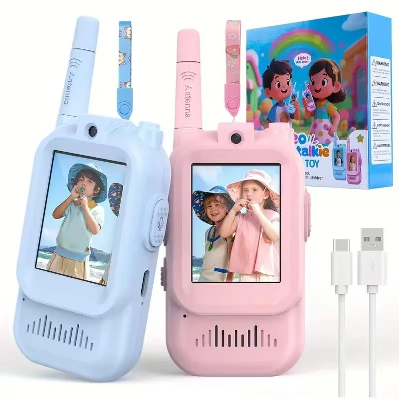 2er-Pack Kinder-Video-Walkie-Talkies mit 2-Zoll-HD-Bildschirm, wiederaufladbar, Typ-C, Stimmverzerrer, für Kinder, Geschenk, Jungen, Mädchen