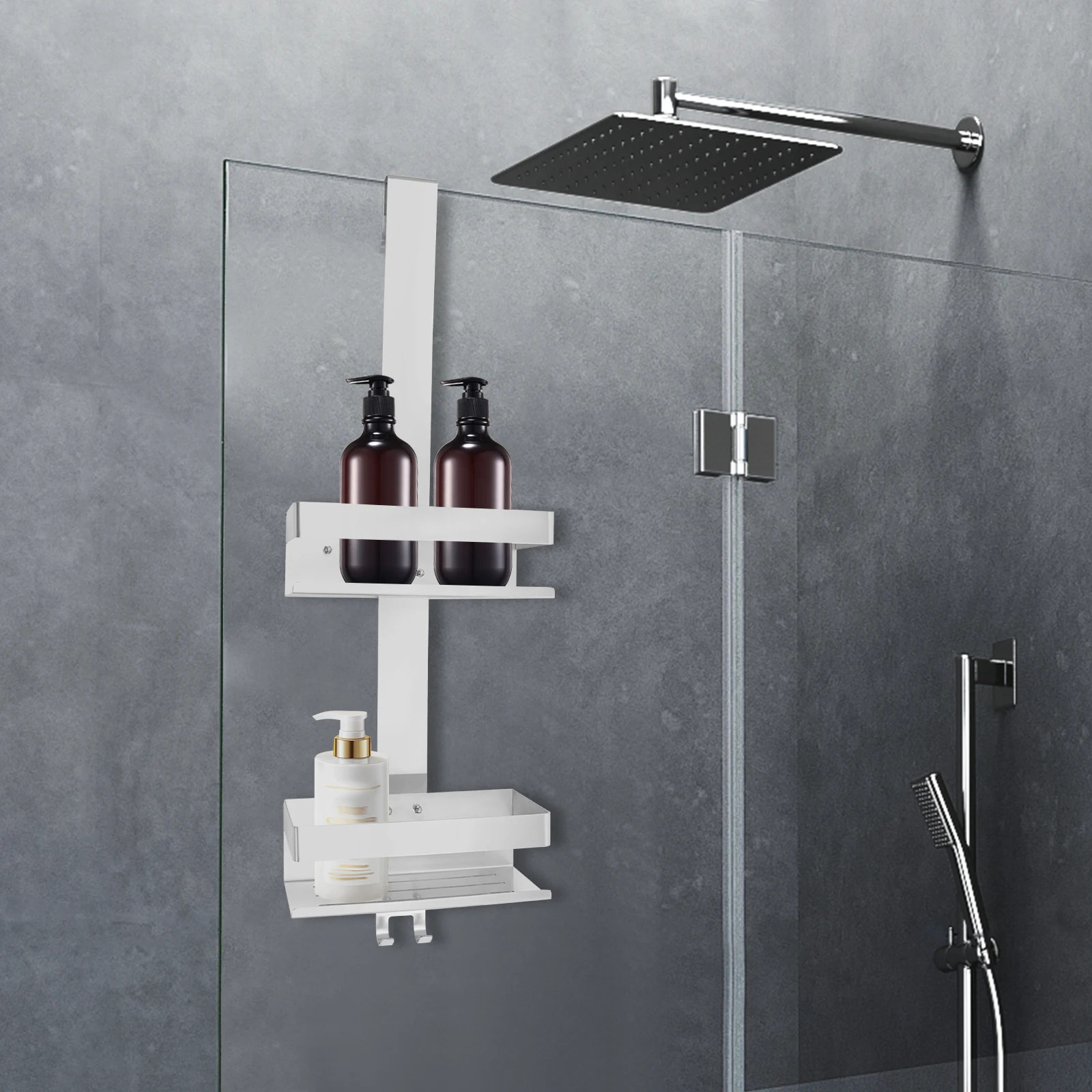 2-stufiges rostfreies Regal, Badezimmerregal aus Edelstahl 304 über der Tür, Aufbewahrungsorganisator für die Verwendung in der Dusche, in der Küche und im Balkon Image