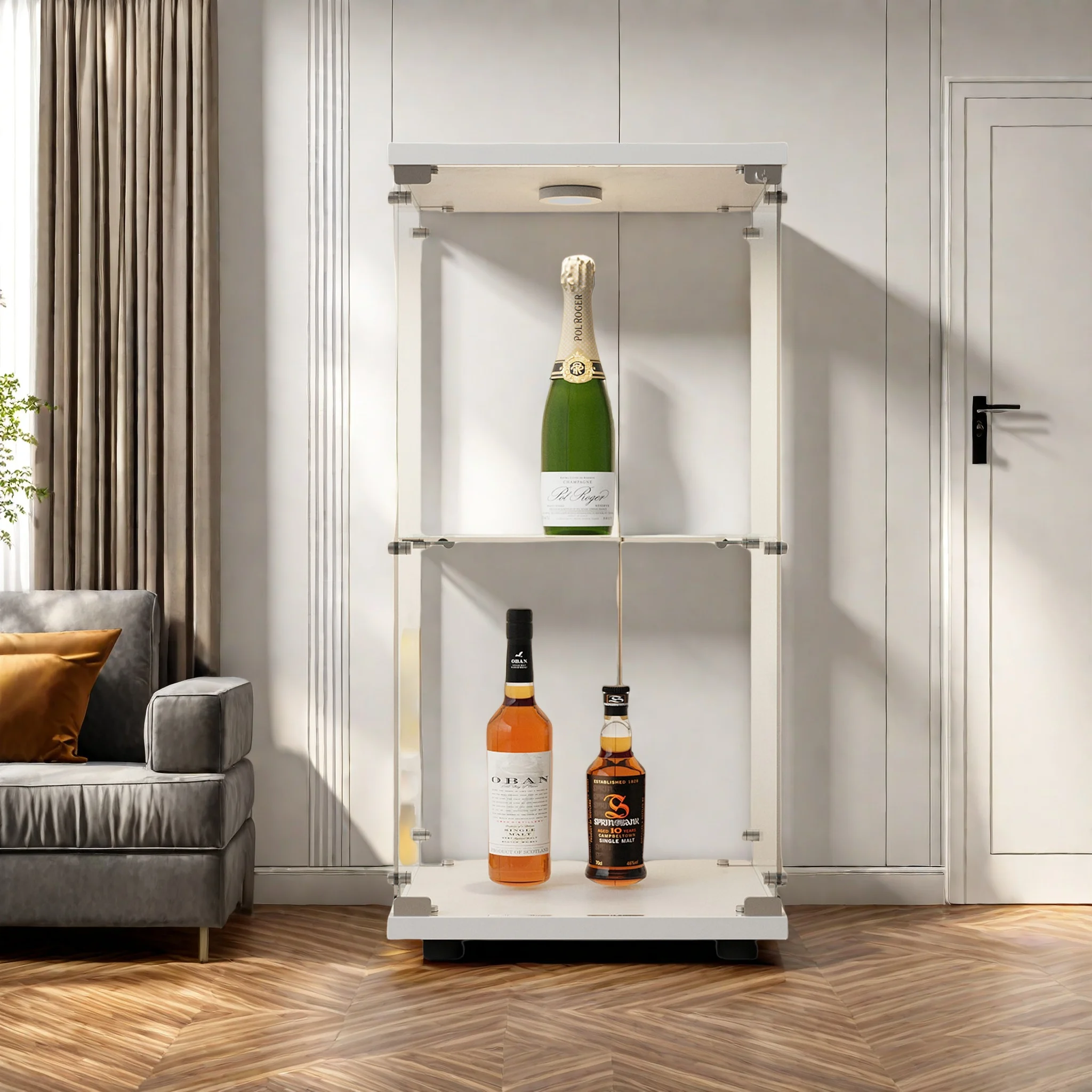 Comanlai 2-stöckige Vitrine mit Glastüren, freistehend, Eckbücherregal mit LED-Beleuchtung