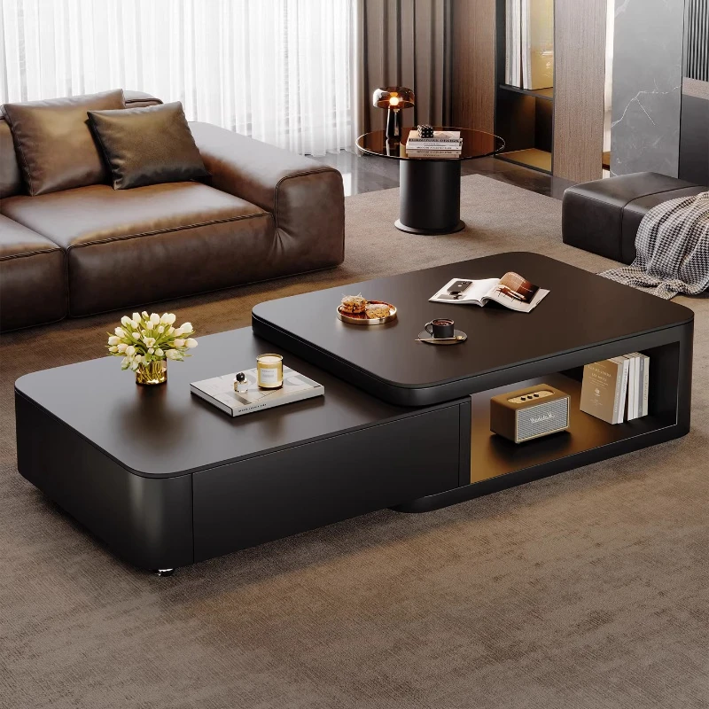 Schwarzer rechteckiger Couchtisch, einfacher ausziehbarer kleiner Couchtisch für das Wohnzimmer, moderner Premium-Kaffeetisch, Wohnmöbel