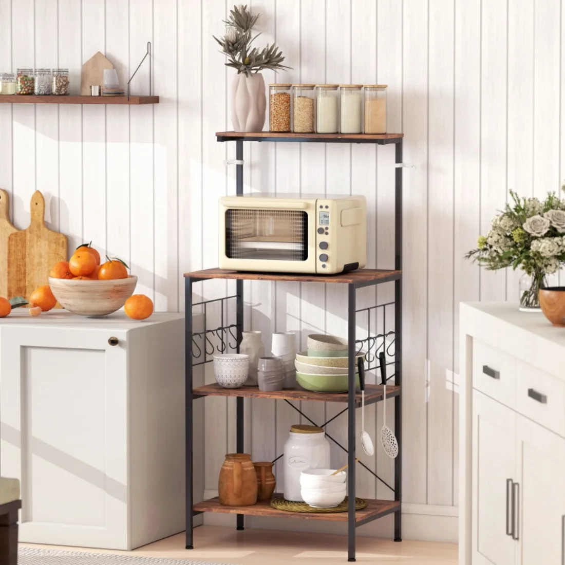 4-stufiges Küchenregal mit Arbeitsplatte – 8 Haken, braune und schwarze Metallrohre Image