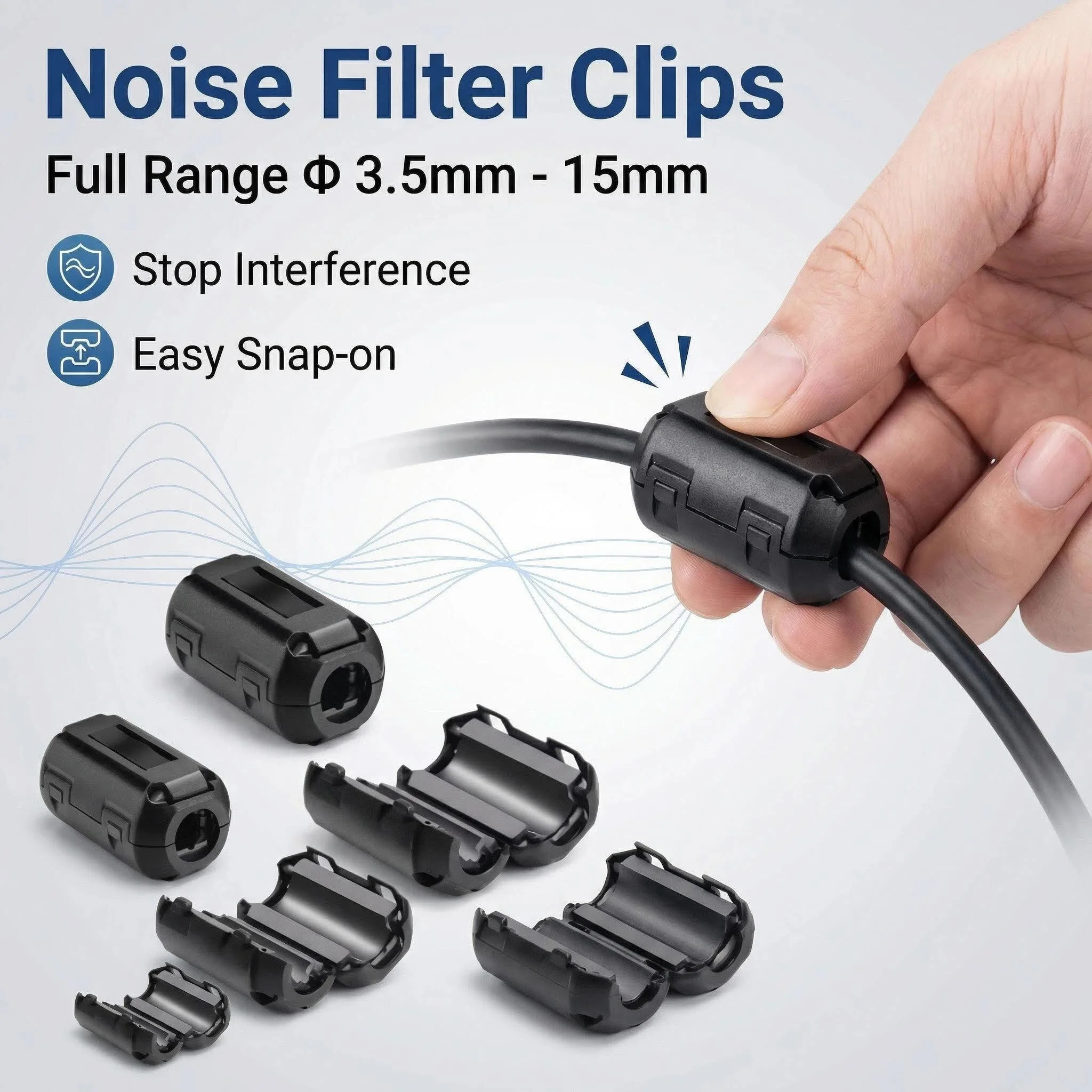 10 Stück 3,5/5/7/9/13/15mm Ringkern-Ferritperlen-Klemmspule EMI RFI Störfilter Clip Snap-Kabel für schwarze magnetische Snap-on-Verbindungen Image