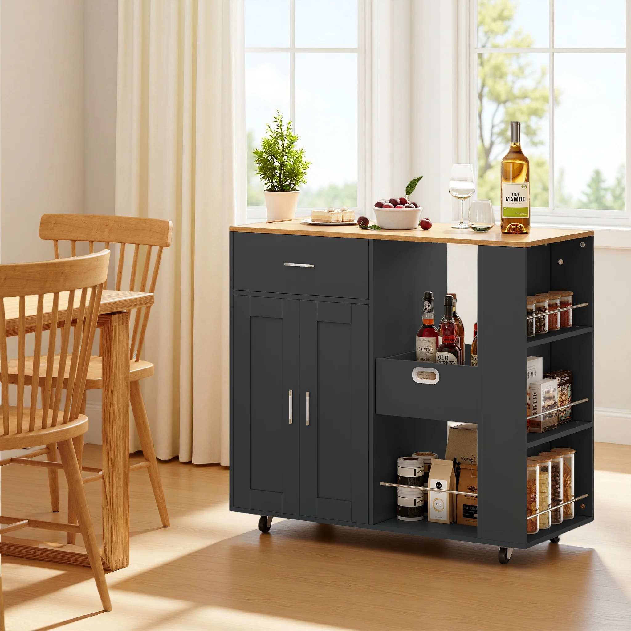 Anajqaqia Kücheninsel, Sideboard, Aufbewahrungswagen mit Handtuchhalter und offenen Regalen, für Küche und Esszimmer, Schwarz