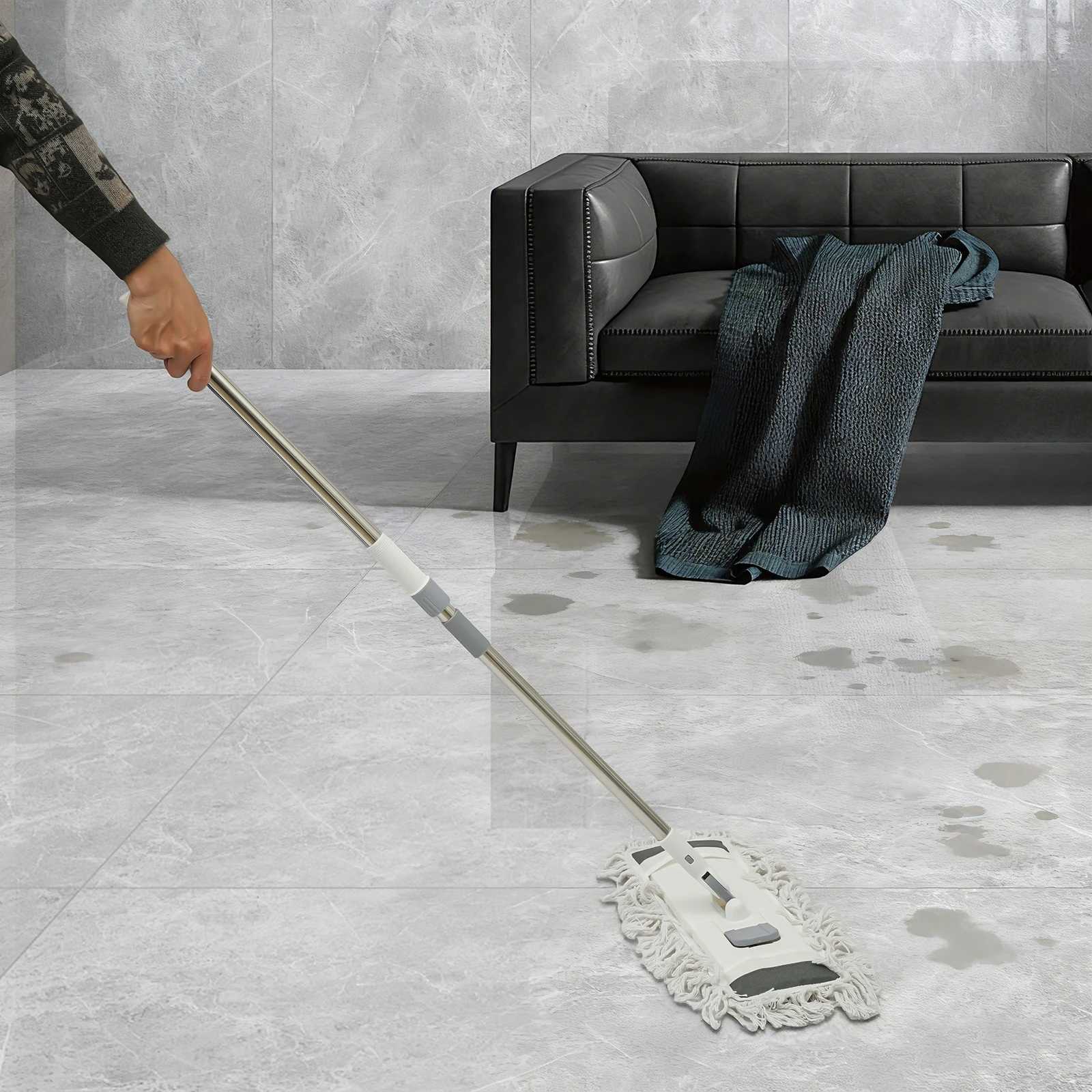 Verstellbarer Bodenwischer, Flacher Bodenmopp mit Teleskopstiel und 2 Pads für Hartholz, Fliesen und Parkett