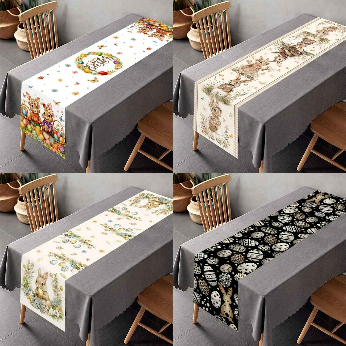 Vintage-Osterhase-Tischläufer, Polyester, Kaninchen, Eier, Blumen, Tischdecke, Osterdekoration für Zuhause, Küche, Esstisch, Dekoration Image