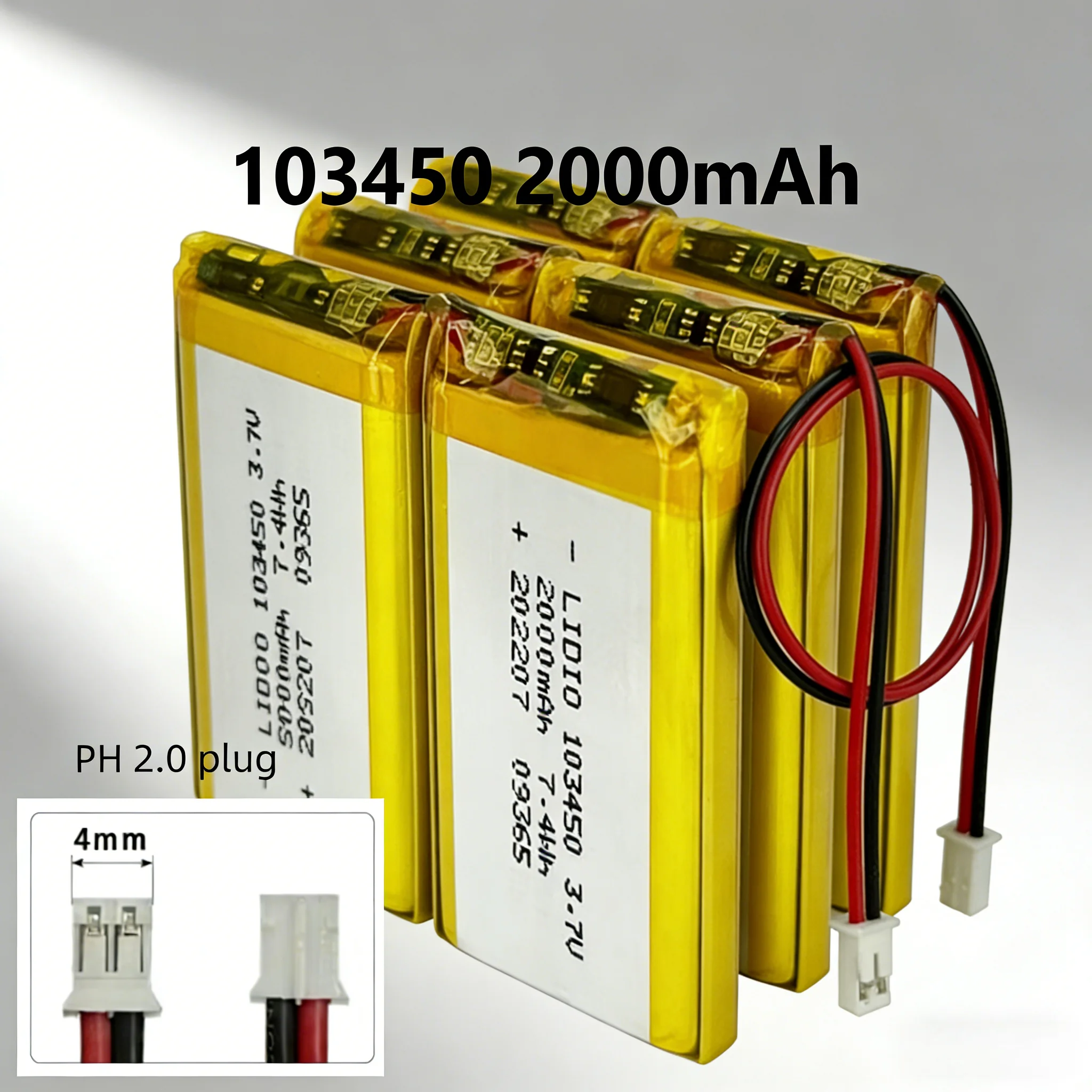Hotsale 103450 3,7 V 2000 mAh wiederaufladbarer Polymer-Lithium-Akku mit JST PH 2,0 mm 2-Pin-Stecker für Kamera, GPS-Navigator, MP5-Headset Image