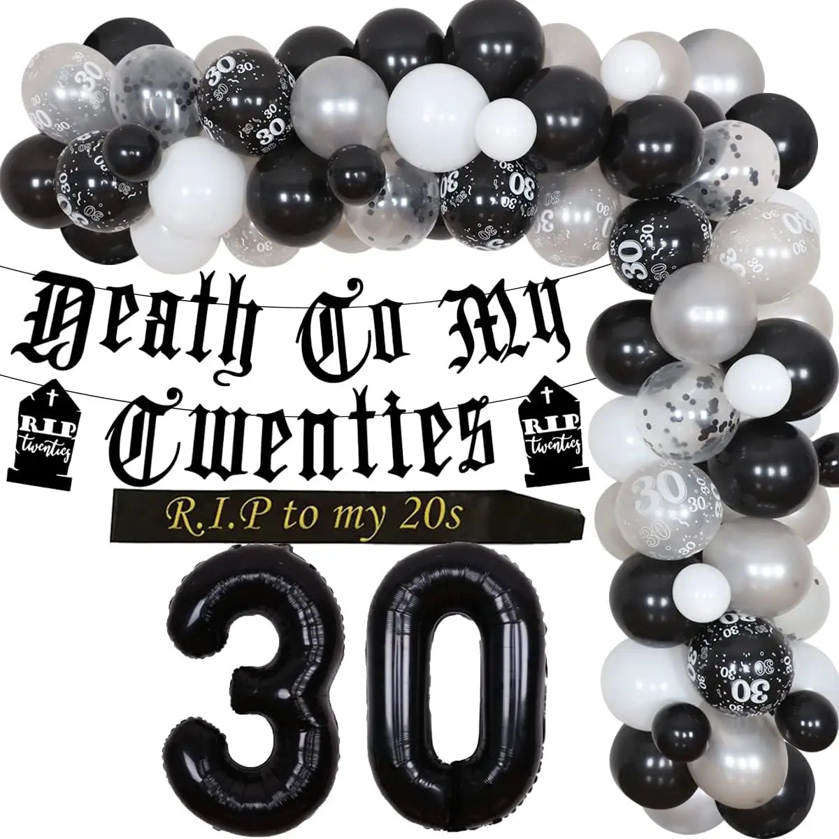 Tod an meinen zwanziger Jahren 30. Geburtstagsdeko – Schärpe „R.I.P. zu meinen zwanziger Jahren“, Ballons, Beerdigung für meine Jugend – 30. Geburtstagsdekorationen Image