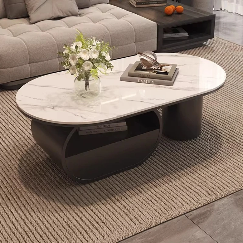 Italienischer, leichter, luxuriöser, schlichter Couchtisch aus Steinplatten für kleine Wohnungen, oval, mit Schubladen, TV-Schrank, Wohnzimmer, kreative Kombination für Zuhause Image