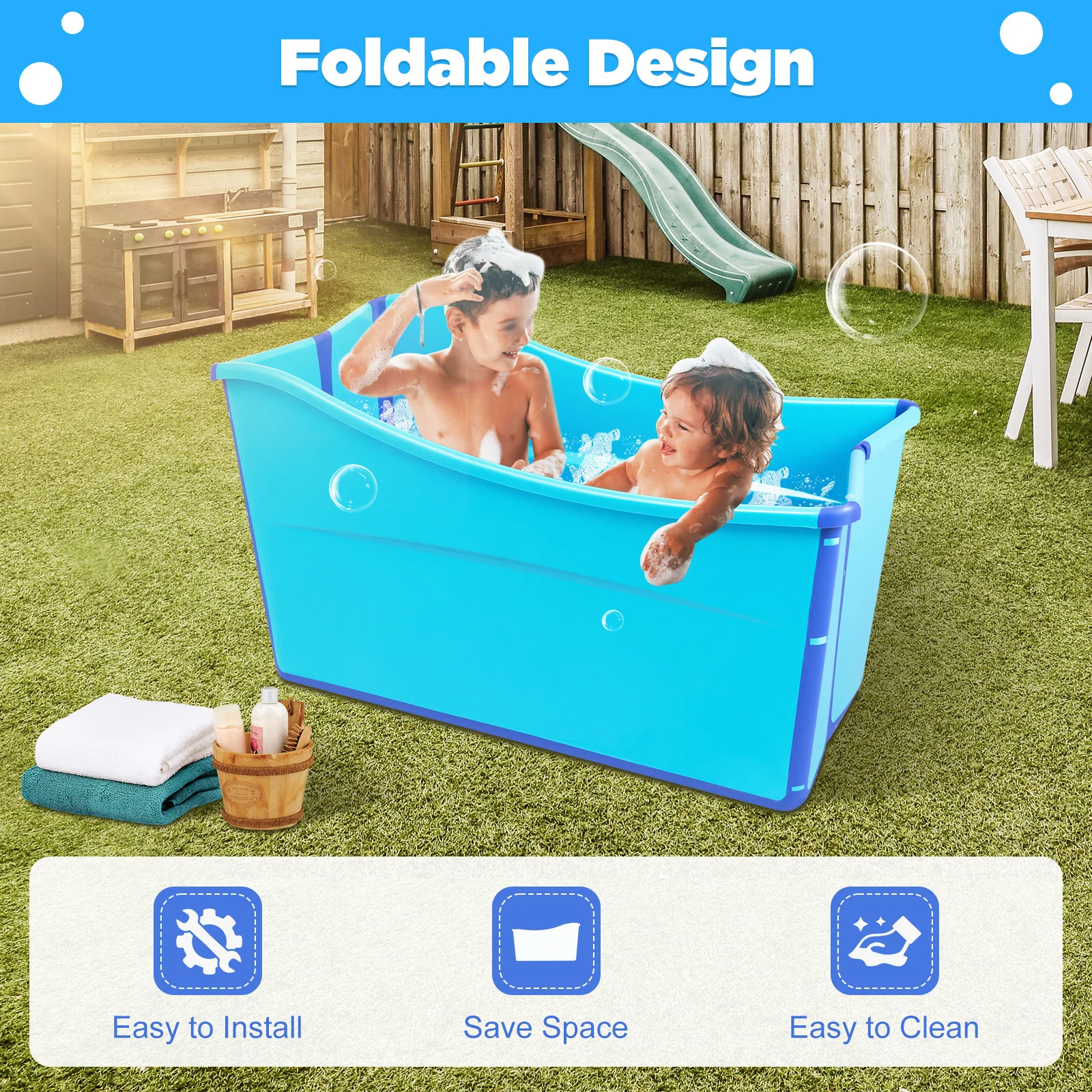 Große faltbare Badewanne, blaue, verdickte Badewanne, für Erwachsenenbäder, Kinderbäder, Kinder-Schwimmwanne Image