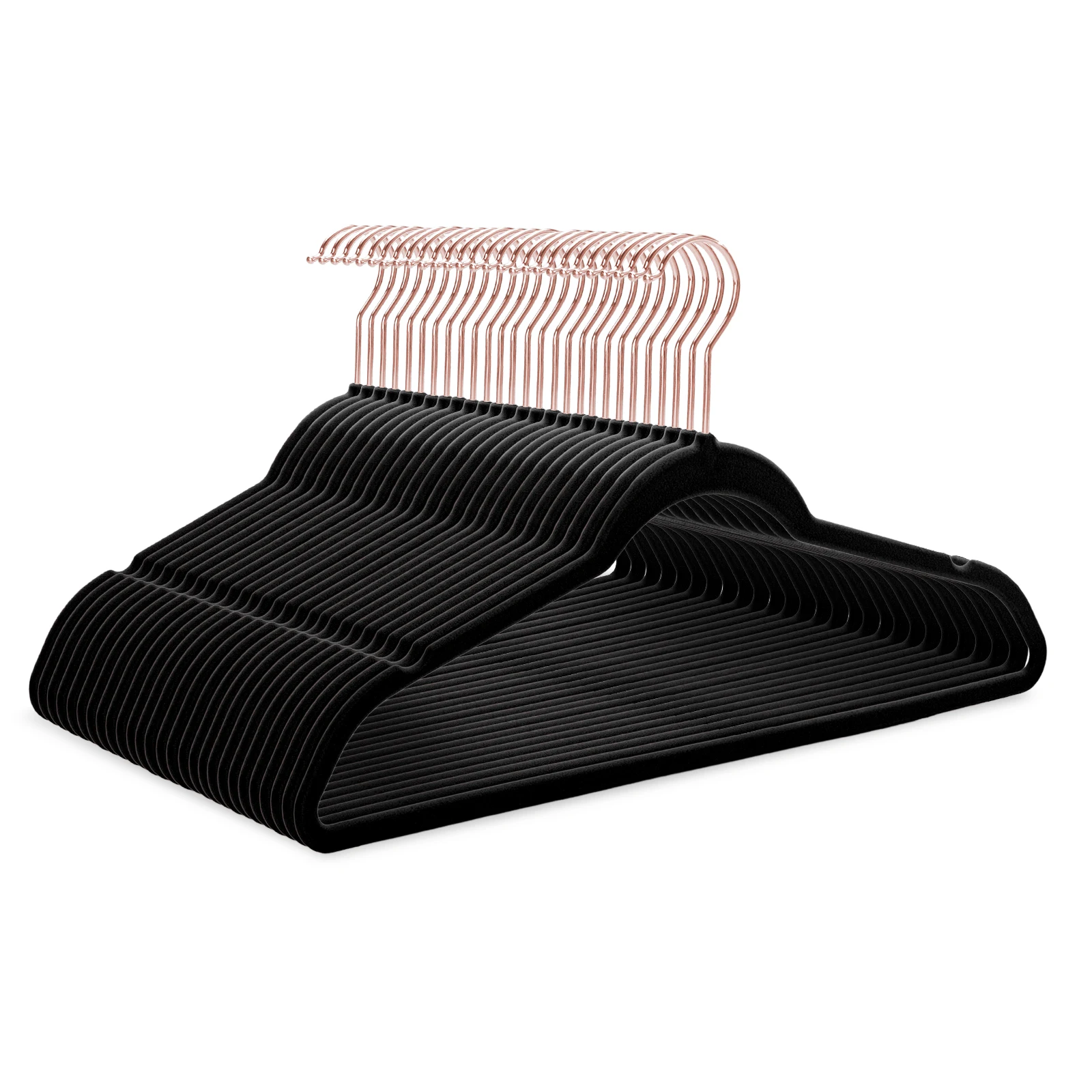 50 Stück Schwarze Samt Kleiderbügel rutschfest 45 cm breit schmal robust gut belastbar 360° drehbarer Haken