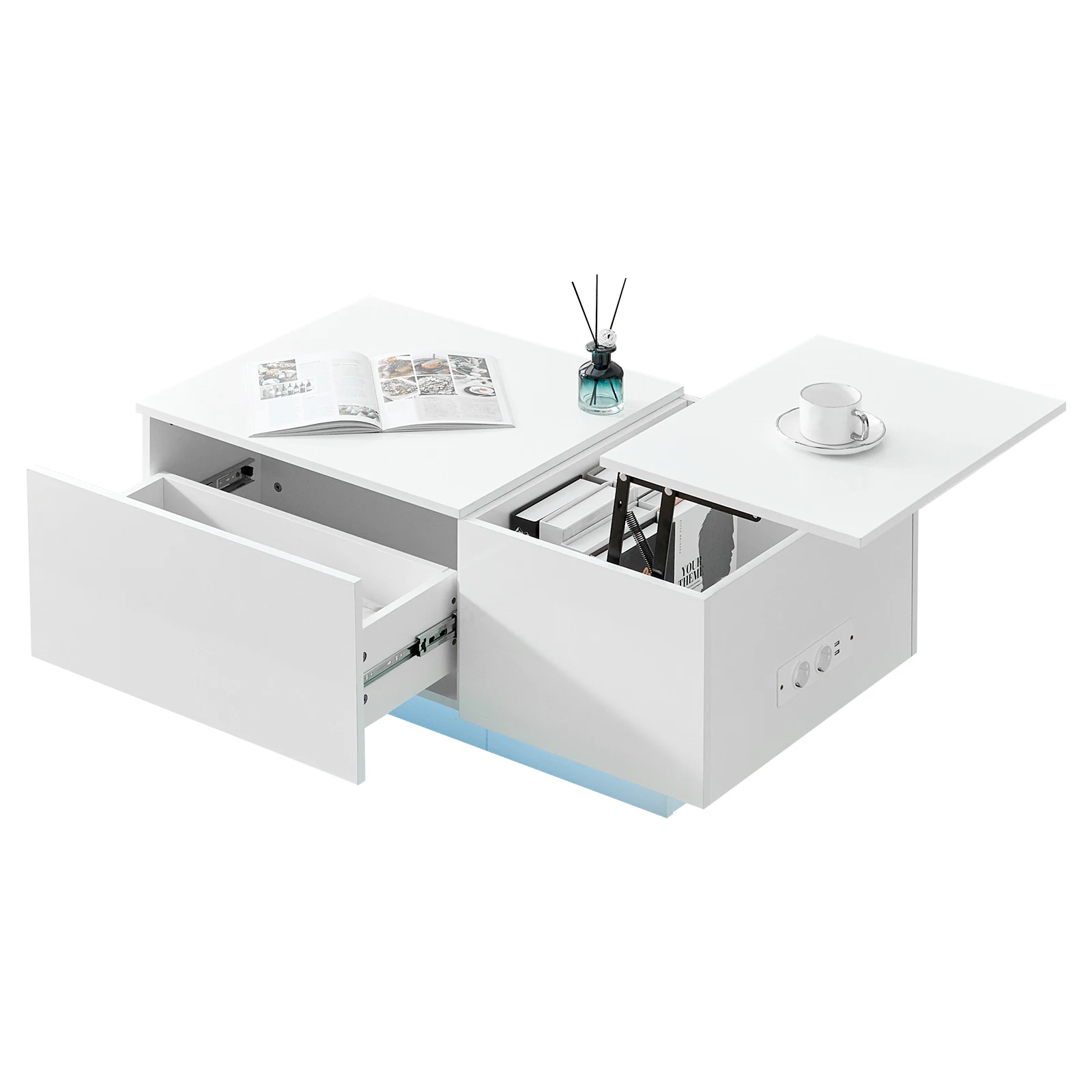 100x55x40cm Hochglanz Sofatisch mit Ladestation, Wohnzimmertisch mit hochklappbarer Arbeitsplatte Image