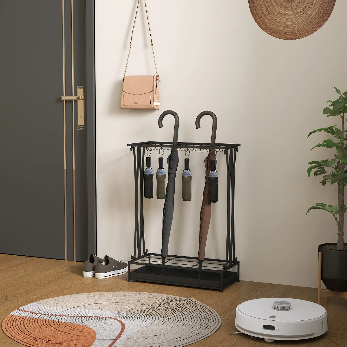 50 x 24 x 68 cm rechteckiger Schirmständer, schwarzer Stahl mit 24 Haken und Ablage Image