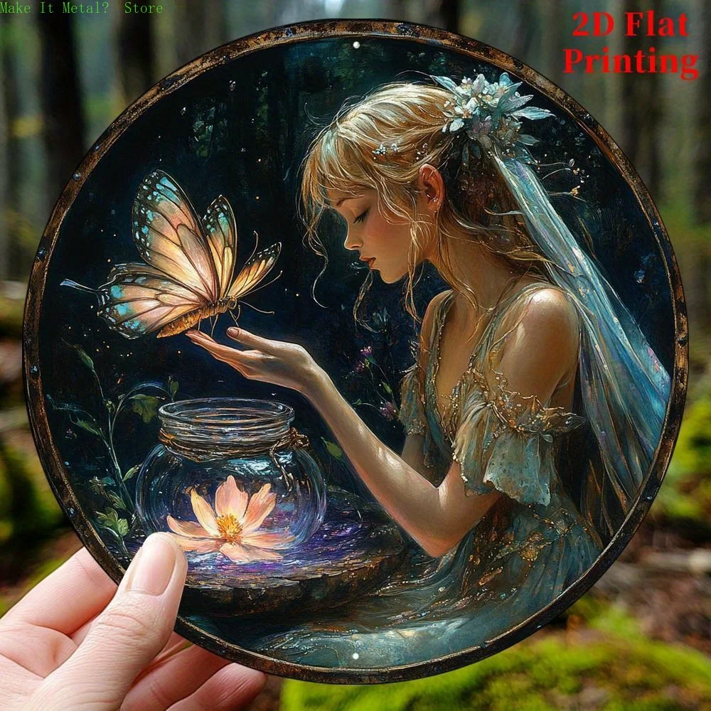 Vintage Metall-Blechschild mit Feen- und Schmetterlingsmotiv – Retro-Wald-Wanddekoration für Haus und Garten Image