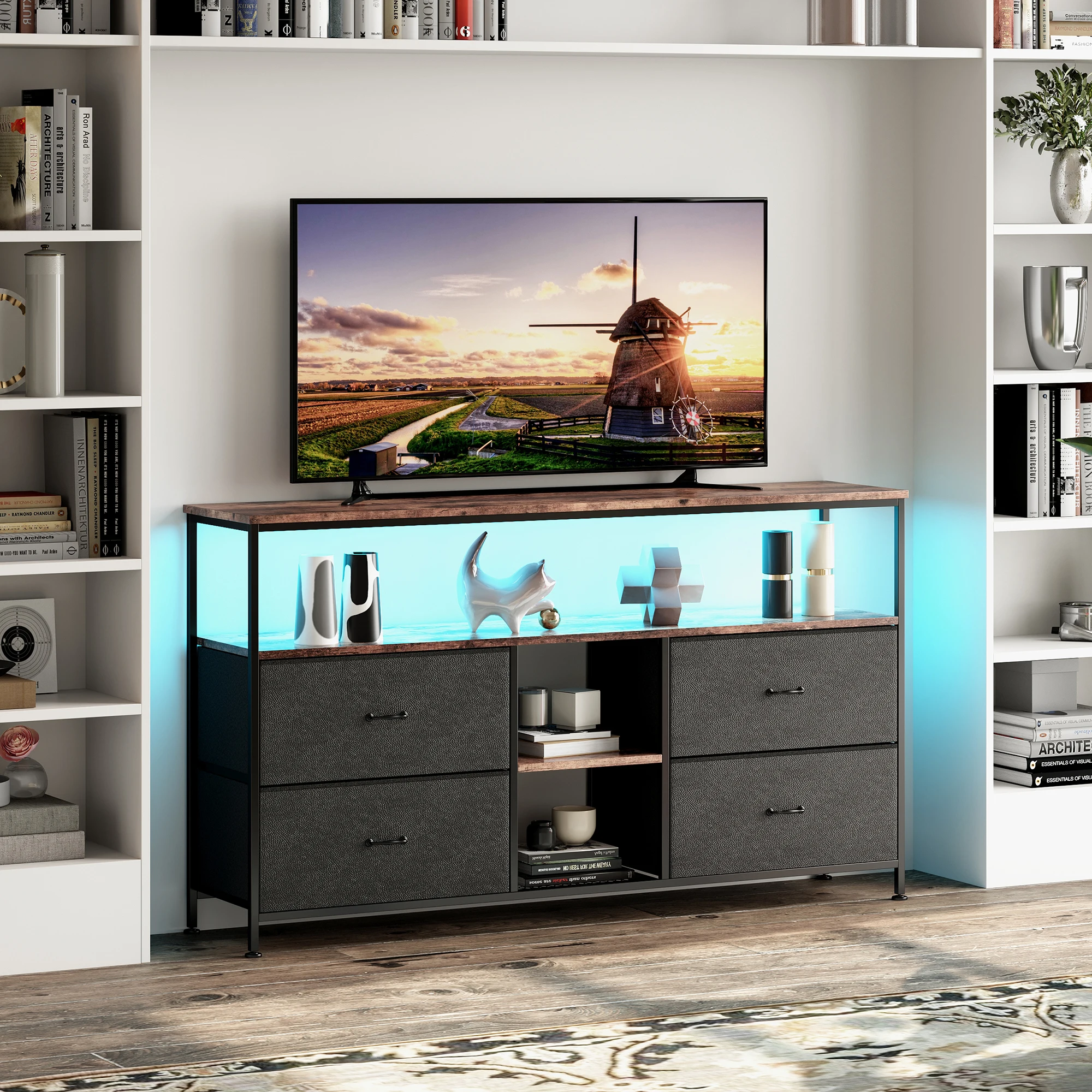 Superaly 137 cm TV-Schrank, mit LED-Beleuchtung und 4 Stoffschubladen, mit Metallrahmen und Holzplatte, multifunktionaler TV-Tisch, Schwarz Image