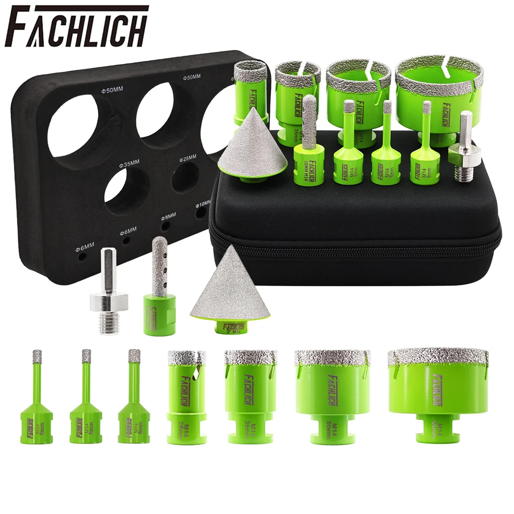FACHLICH Diamant-Fliesenbohrer-Set 6/8/25/35/50/68mm Fräsadapter für Granit, Marmor, Stein, Keramik, Porzellan, 10-teiliges Werkzeug-Kit Image