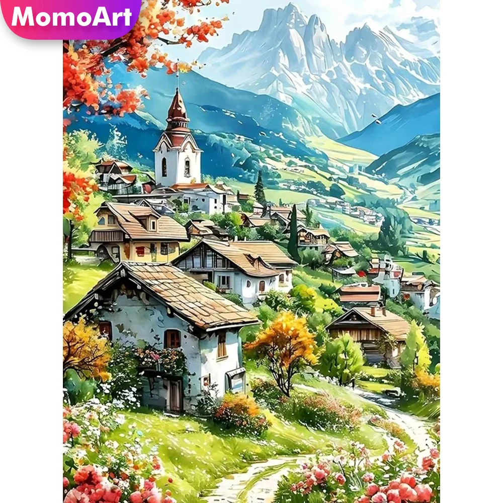 Momoart Diamantmalerei Haus-Landschaft Vollquadrat Runddiamant-Mosaik Dorf DIY-Set Neuerscheinung Stickerei Handgemachtes Geschenk Image