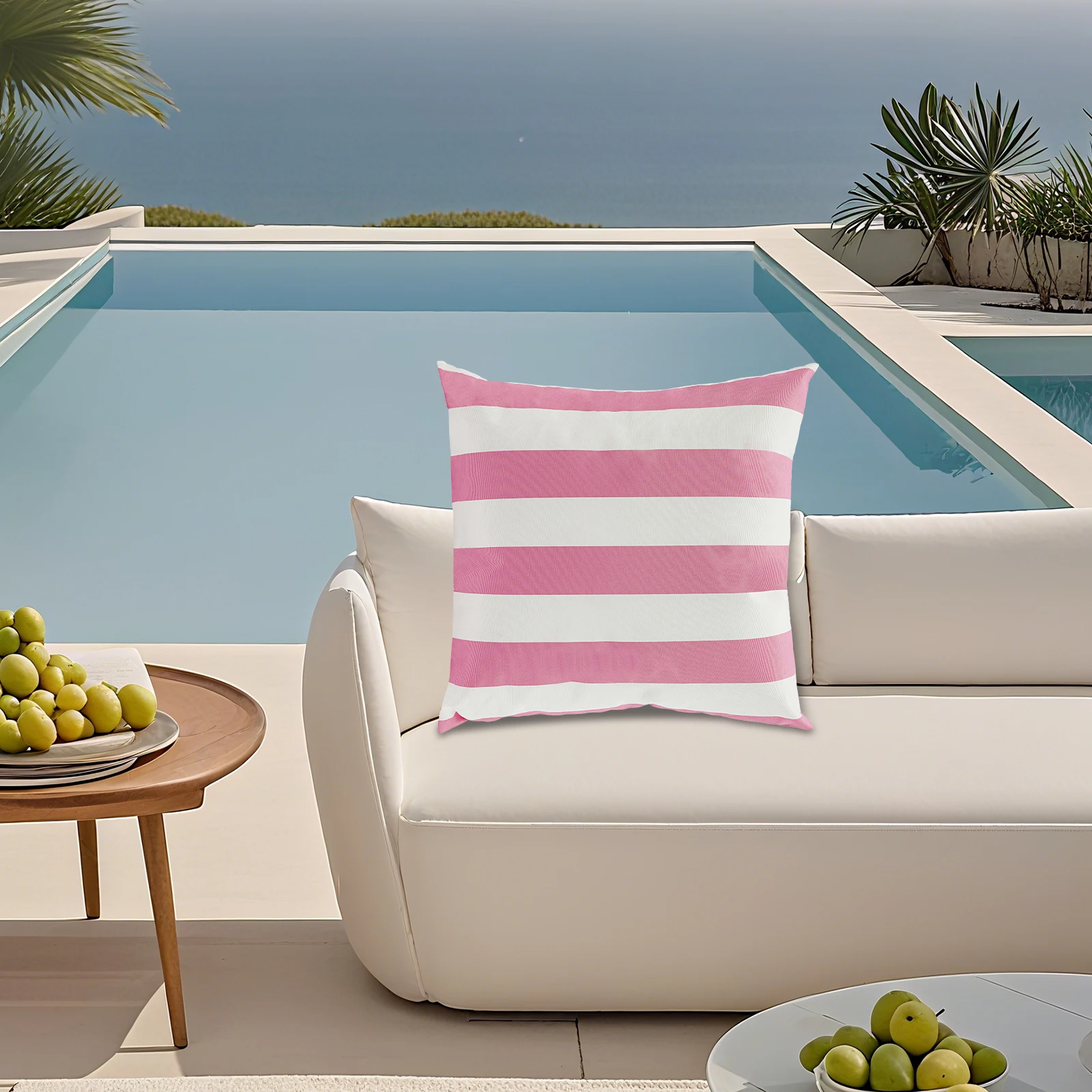 Wasserdichtes Outdoor-Sofakissen, wasserdichter dekorativer Kissenbezug für Gartensofa, Wohnzimmer, Bett, 45 x 45 cm, gestreift, rosa, weiß Image