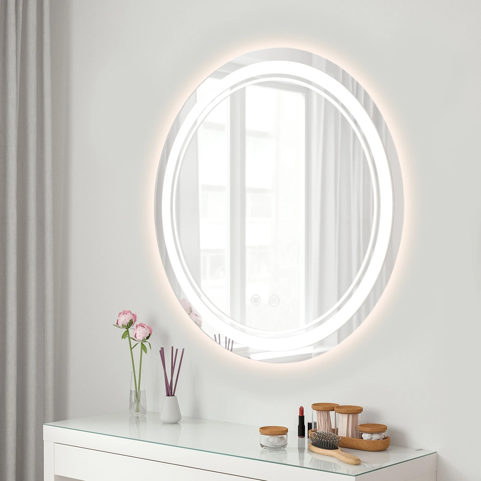 Runder LED-Schminkspiegel, 50cm Intelligenter Badezimmerspiegel mit Beleuchtung, IP44 Wasserdicht Touchsensor Beschlagentferner 3 Farben Dimmbar