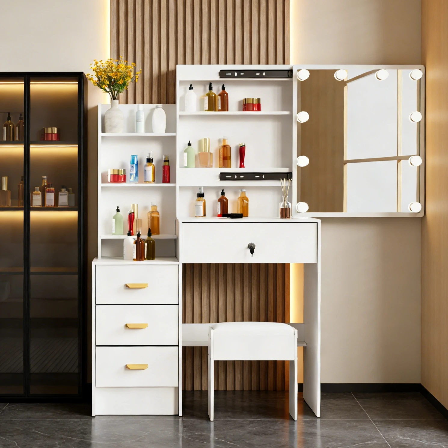 Teousev Weißer Schminktisch-Set mit 10 Glühbirnen, 3-Farben Dimmbarer LED-Schminkspiegel, Hocker, Stauraum, Schlafzimmer-Frisiertisch-Möbel Image