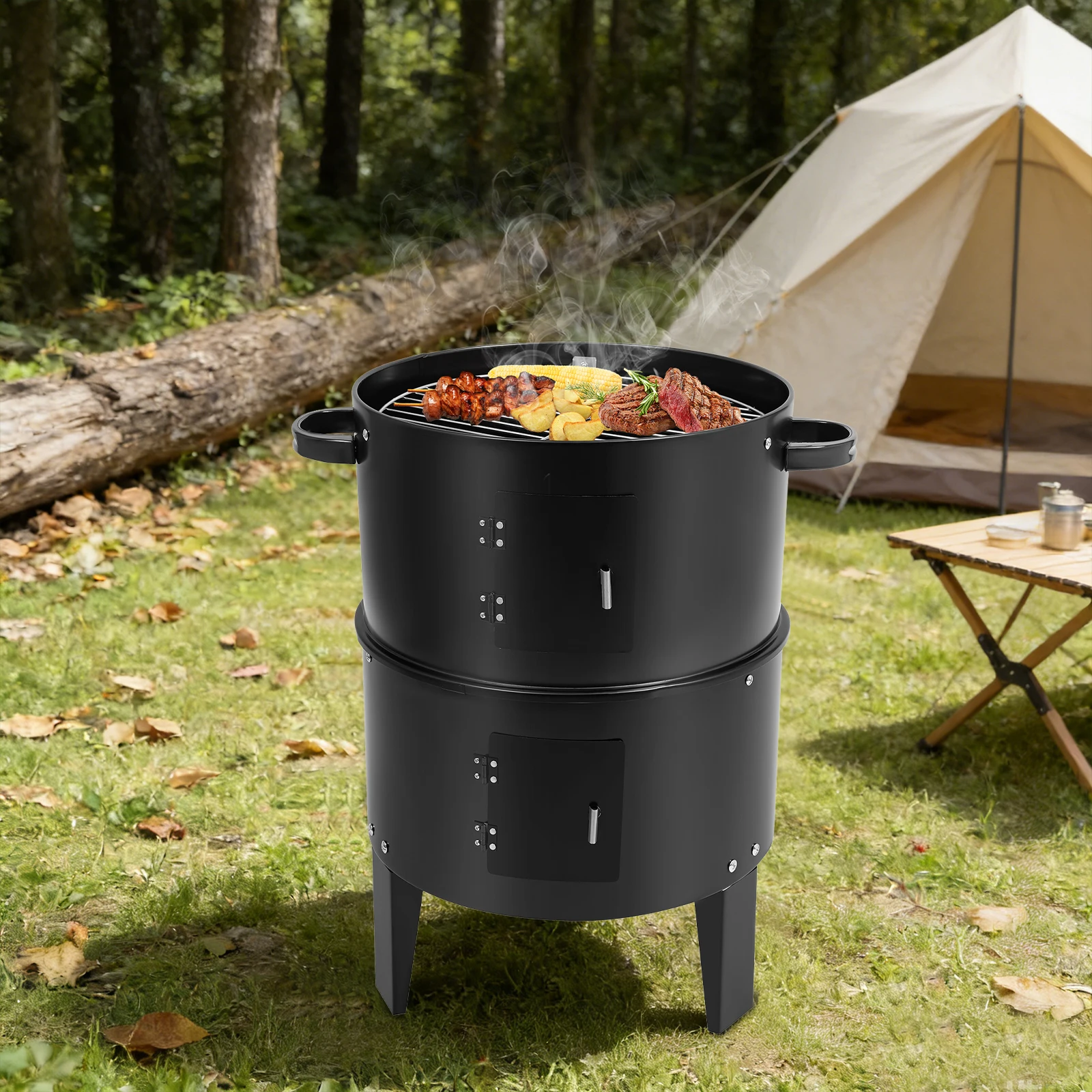 3-in-1 Multifunktionaler Eisen-Rauchgrill mit Abdeckung und Thermometer, 2 Ebenen, verstellbarer Dämpfer für drinnen/draußen Image