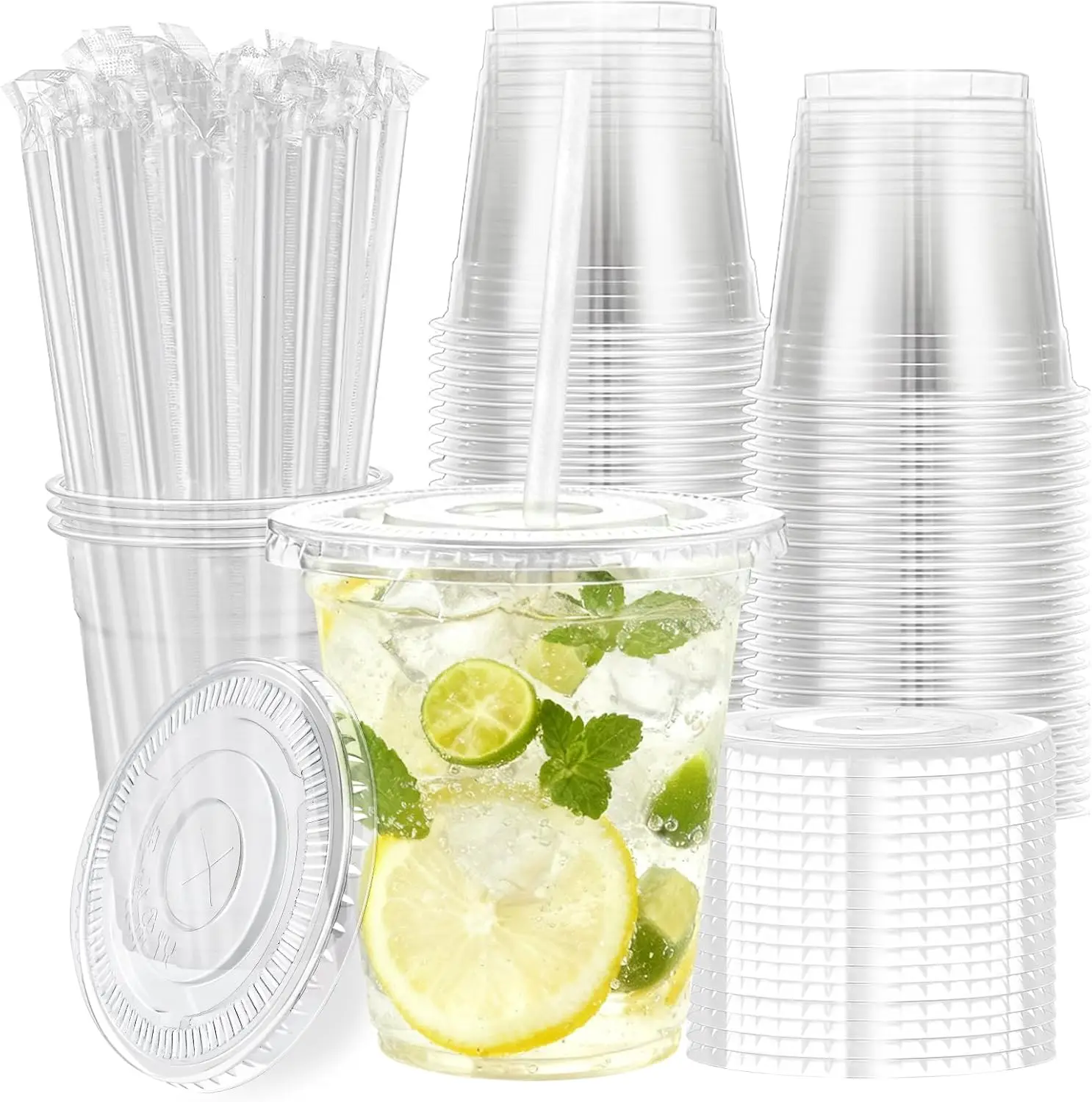 12oz Klare Plastikbecher mit Deckeln und Strohhalmen PET Transparenter Becher für Cocktails Eiskaffee und Kaltgetränke Smoothies und Partybecher Image