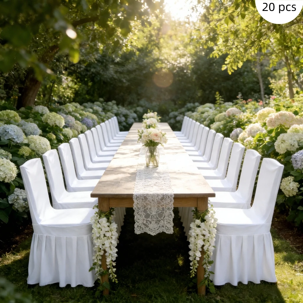 20-teilige Stuhlhussen mit Faltenrock, Stuhlhussen, dick, weiß, Polyester, Spandex, rutschfest, staubdicht, für Esszimmer-Event-Stühle Image