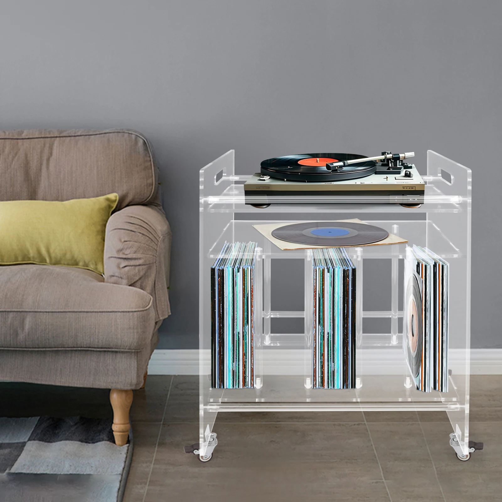 3-stufiger Acryl-Plattenspielerständer, CD-Sammlungshalter, 18,9*13,78*24,8 Zoll, mit 4 Rollen Image