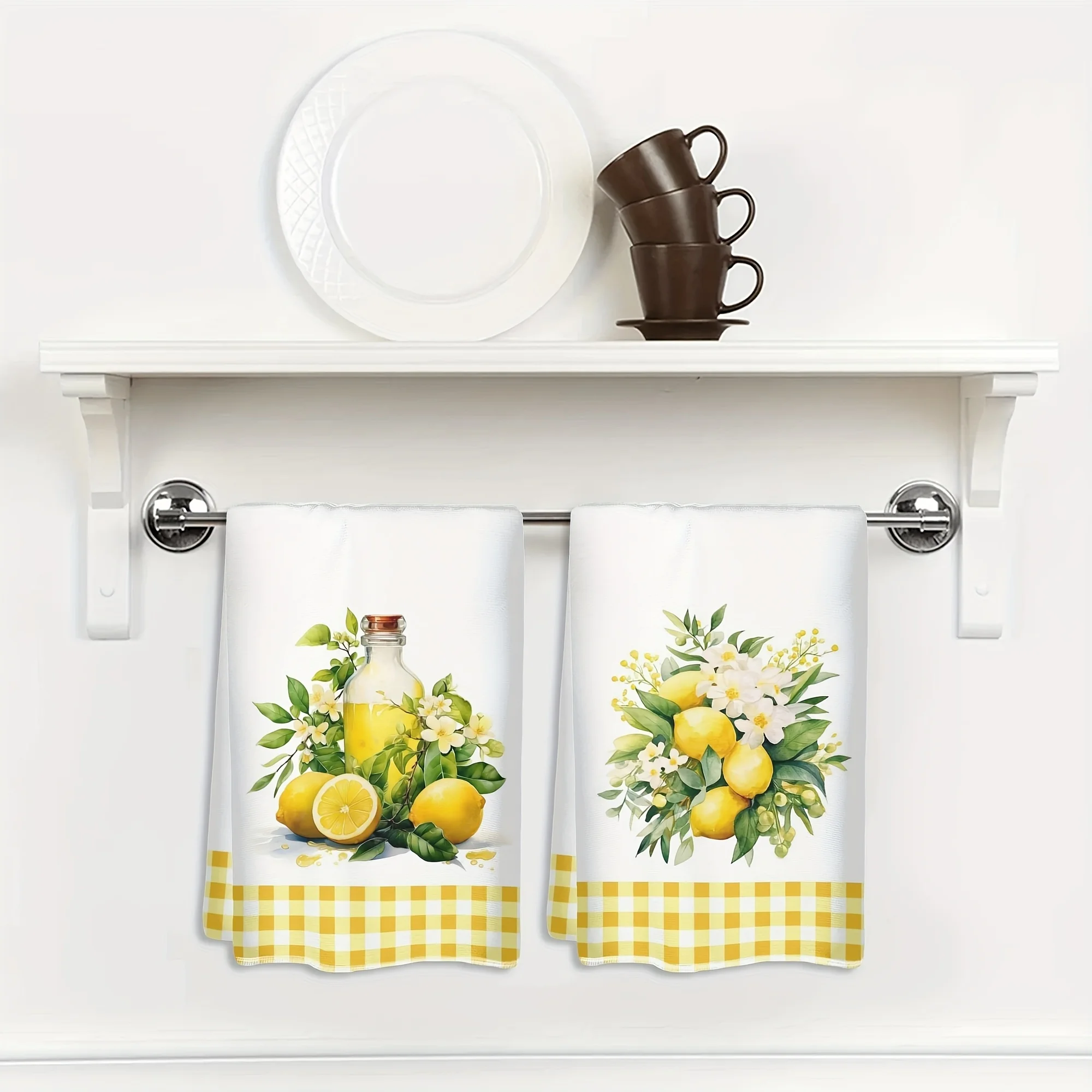 Zwei Küchentücher mit Zitronen- und Blumenmustern, dekoratives Küchenbesteck, Weihnachtsgeschenk für ein neues Zuhause. Image