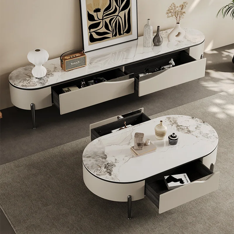 Luxuriöse Couchtische TV-Ständer-Set Eleganter Wohnzimmer-TV-Ständer mit Edelstahlbeinen Moderner Couchtisch mit Doppelschubladen