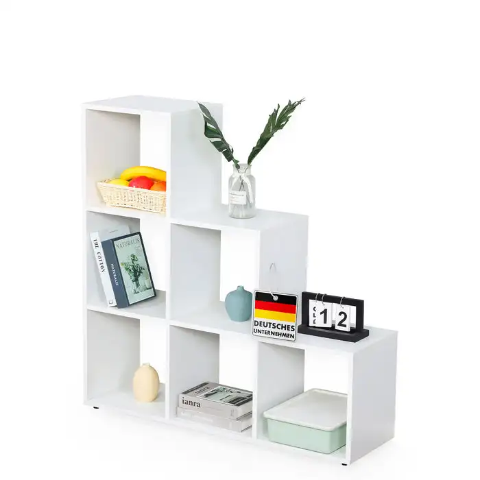 FLOORDIREKT Bücherregal Carolina - Weißes Stufenregal aus MDF - mit 6 Fächern - 97, 5 x 97, 5 x 29 cm Image