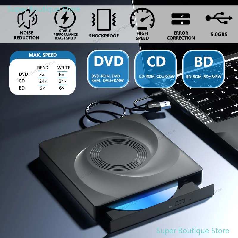 Externes Blu-ray-Laufwerk für Laptop PC Windows 11 10 Mac BD/CD/DVD -/+RW Optische Laufwerke mit Aufbewahrungstasche DVD-Brenner Player Reader Image