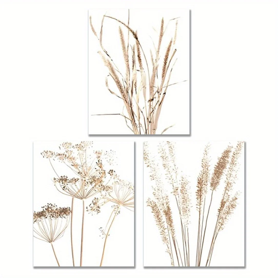 Set aus 3 rahmenlosen, beigefarbenen botanischen Leinwandkunstwerken im Bohemian-Stil, perfekt für moderne Wanddekoration im Wohnzimmer. Image