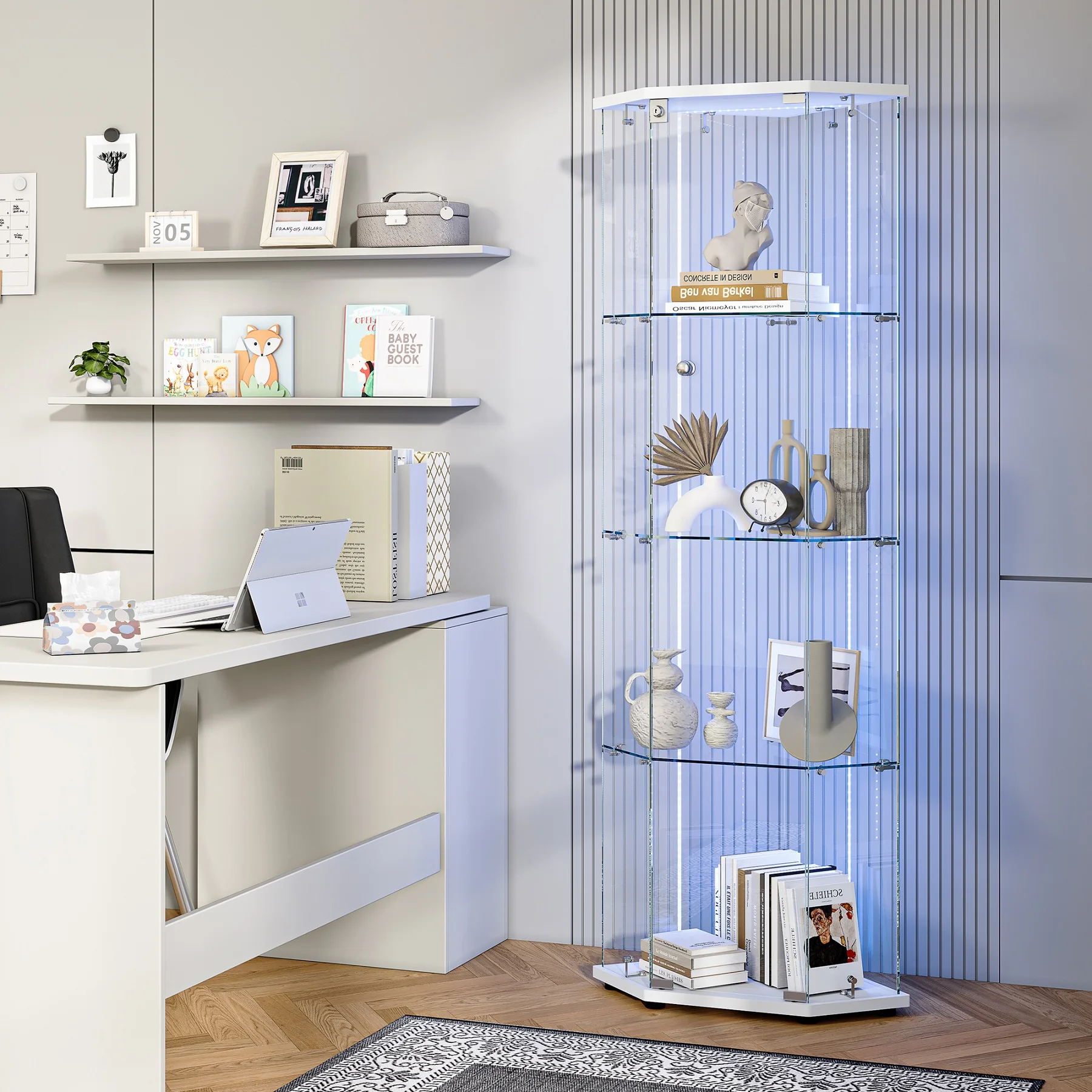 Rosahqnda Eckvitrine mit Glastüren, 162cm LED-Eckbücherregal mit 6 Farben LED-Beleuchtung, 4-stufige Vitrine Image