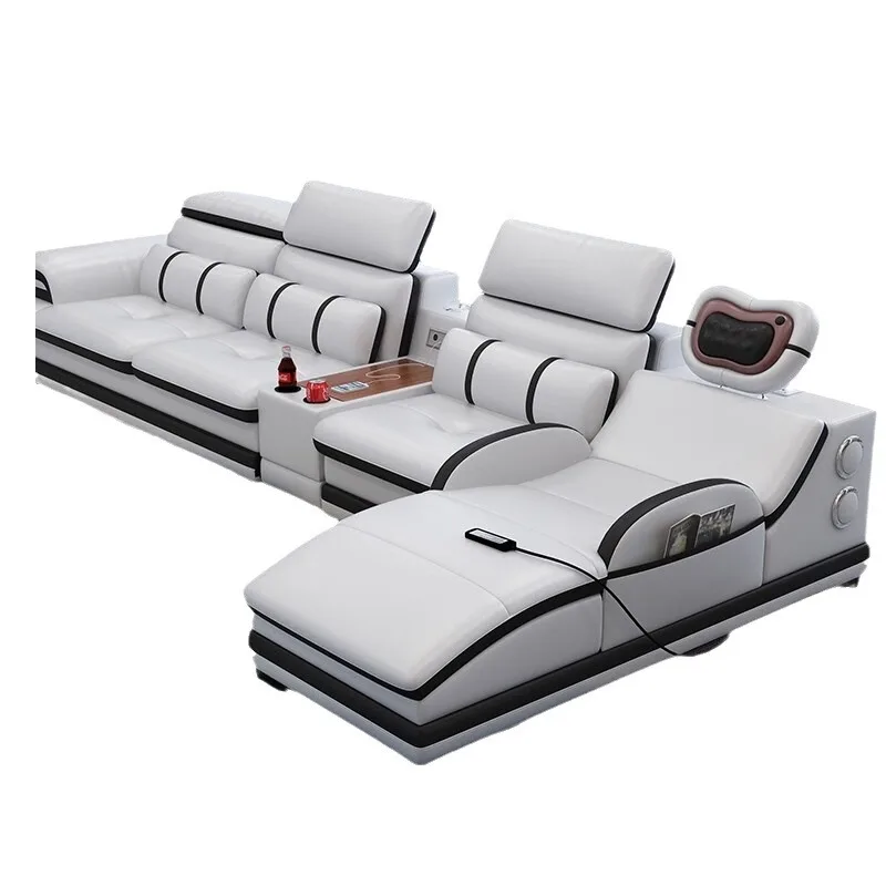 Ledersofa-Kombination für Wohnzimmer, Große Wohnung, Modernes, Schlichtes Ecksofa, Intelligentes Multifunktionales Massage-Ledersofa Image