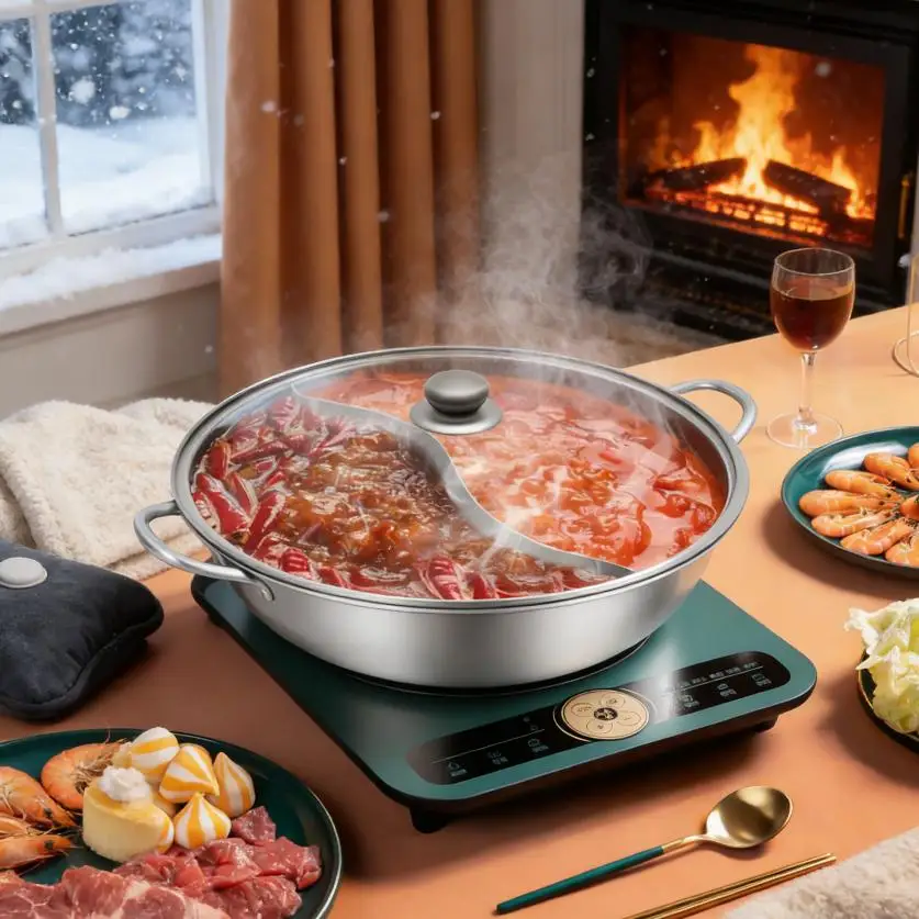 Doppelkammer-Kochtopf 34cm Edelstahl mit Deckel und herausnehmbarem Trenner für chinesischen Hot Pot, Suppen, Pasta, Dämpfen und Braten Image