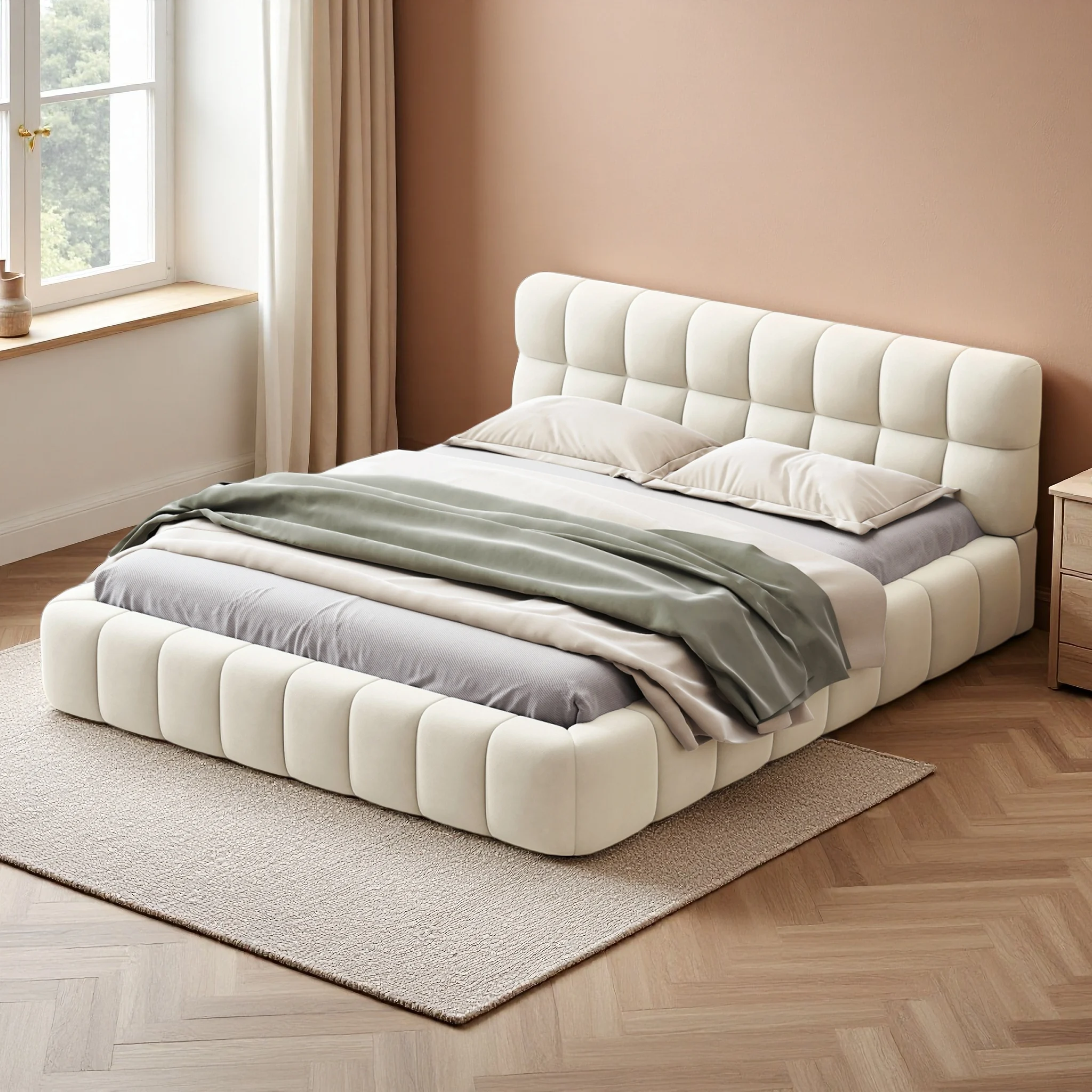 Rosahqnda Polsterbettgestell mit Kopfteil, Doppelbett 140/160x200cm, geeignet für Schlafzimmer für Erwachsene, Grau/Beige, Leinen Image