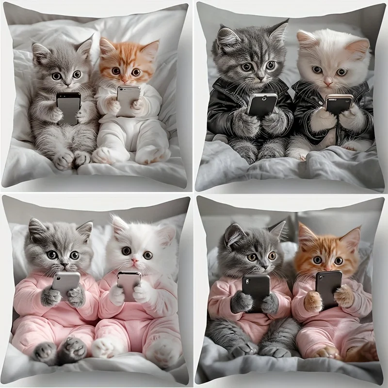 1/4 Stück niedlicher Kätzchen-Druck, Kissenbezug, Sofa-Kissenbezug, Zuhause, Schlafzimmer, Raumdekoration Image