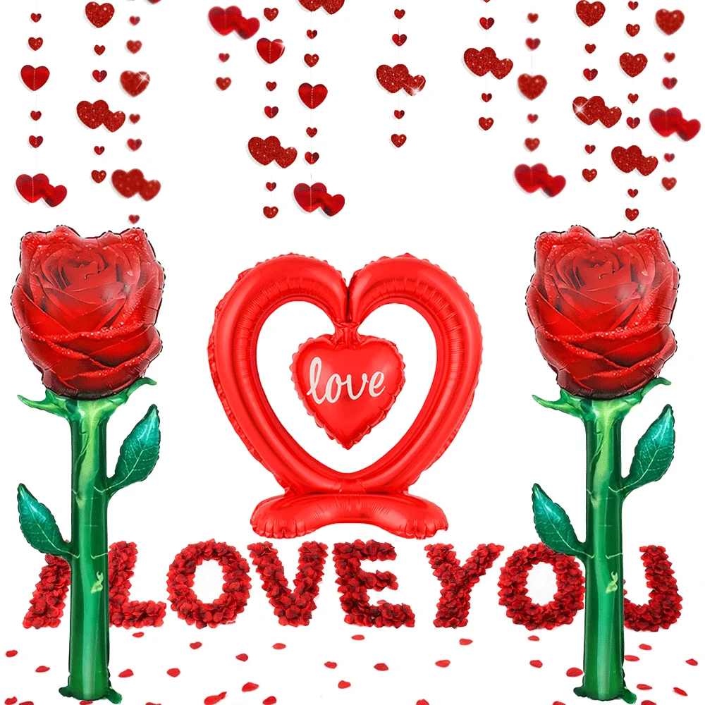 Romantisches Valentinstag-Antrags-Dekor-Set: Riesiger Rosen-Folienballon, Liebesherz-Girlanden und Seidenblätter für verträumte Überraschungsfeier Image