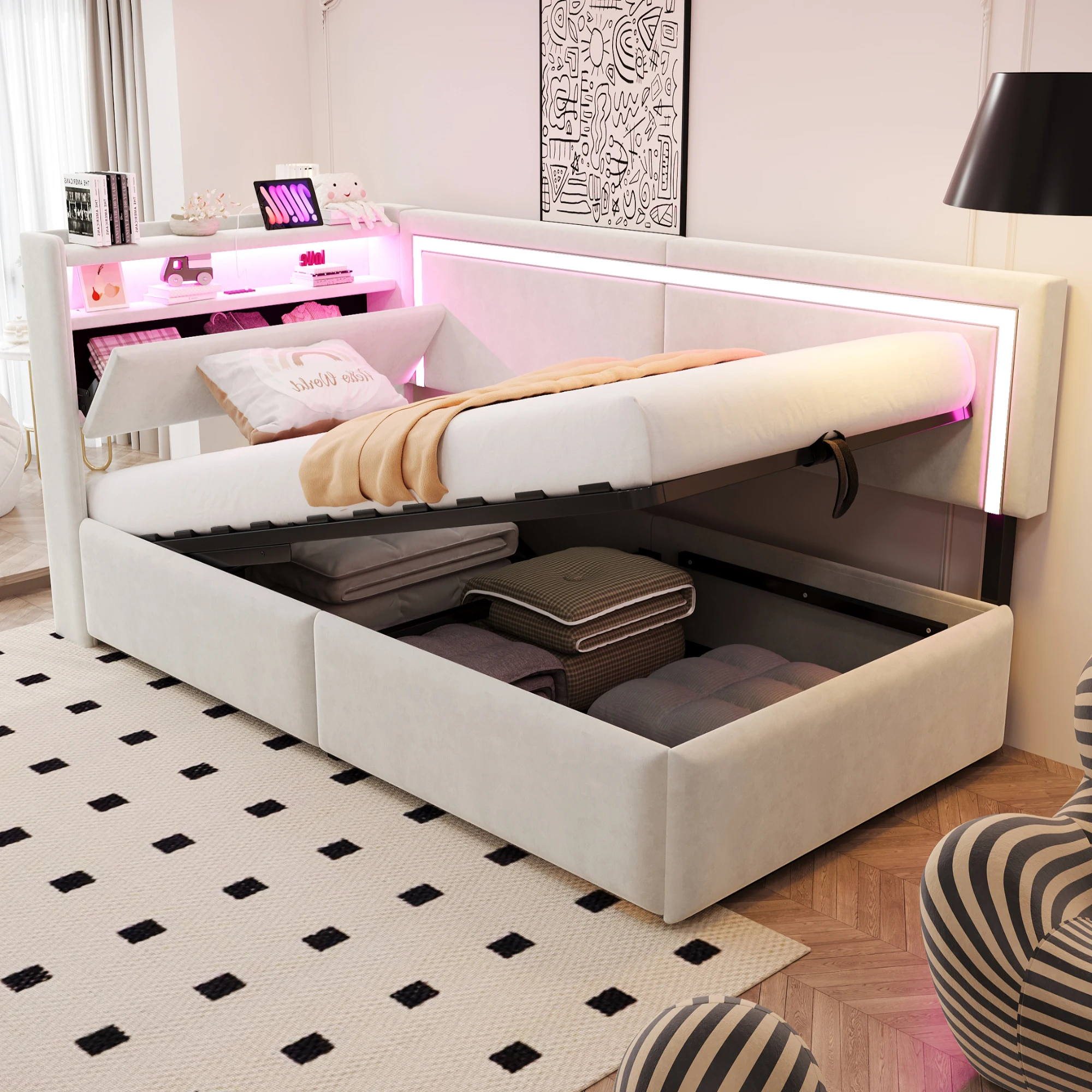 Gepolstertes Schlafsofa 90x200 cm mit LED-Beleuchtung und USB-Ladeanschlüssen. Das Kopfteil lässt sich zur Aufbewahrung öffnen. Image