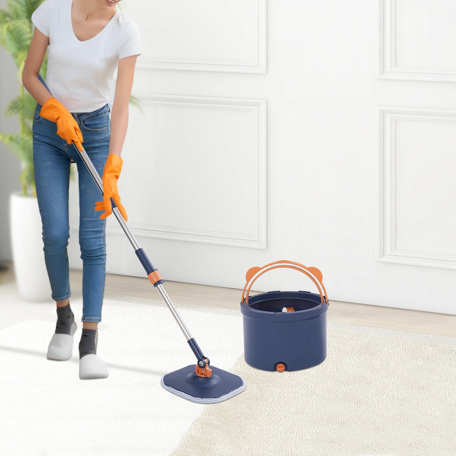 Wandwischer mit Langem Stiel 360° ° Rotierender Dreieck- und Quadrat-Wischmopp mit Eimer für den Haushalt, Drehmopp-Eimer-Set Image